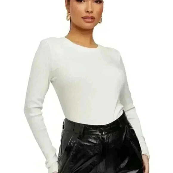 SELECTED Femme Long Sleeve Ribbed Tee Lettuce Hem White Crew Neck Women's Medium - Picture 3 of 13